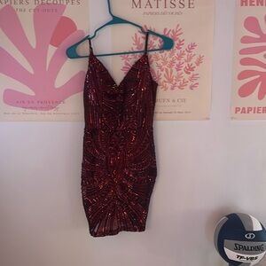 Windsor short burgundy homecoming dress with hanging beads on back sequin design